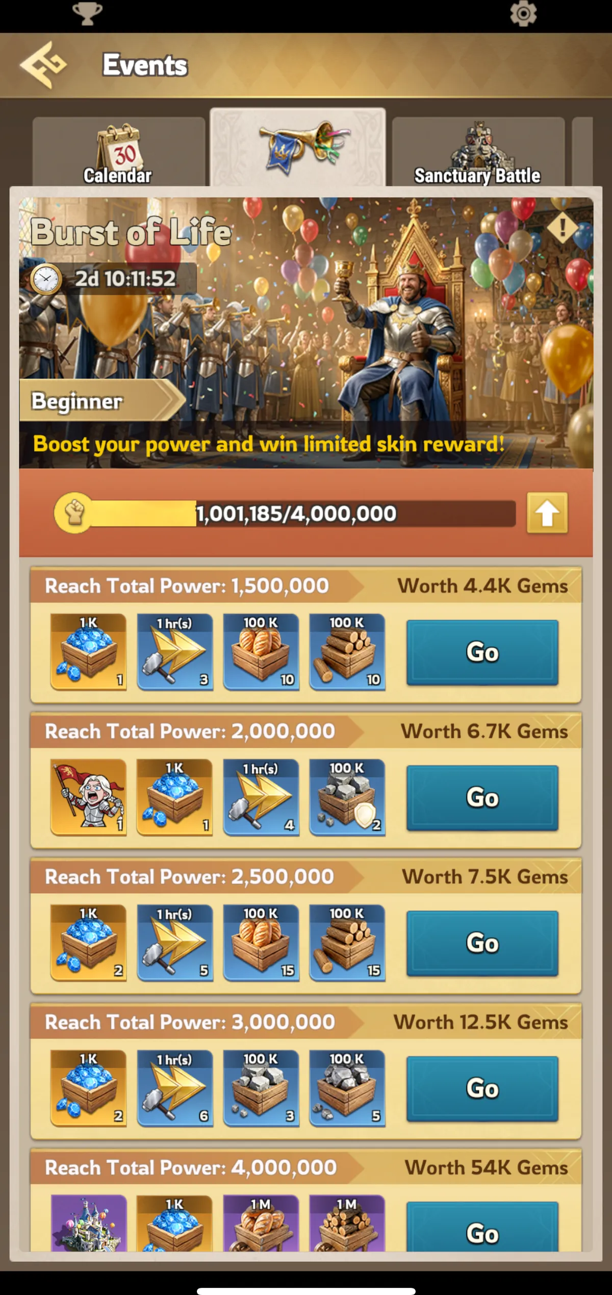 The Lordrush Burst of Life event panel: a Total Power progress bar and milestone rewards