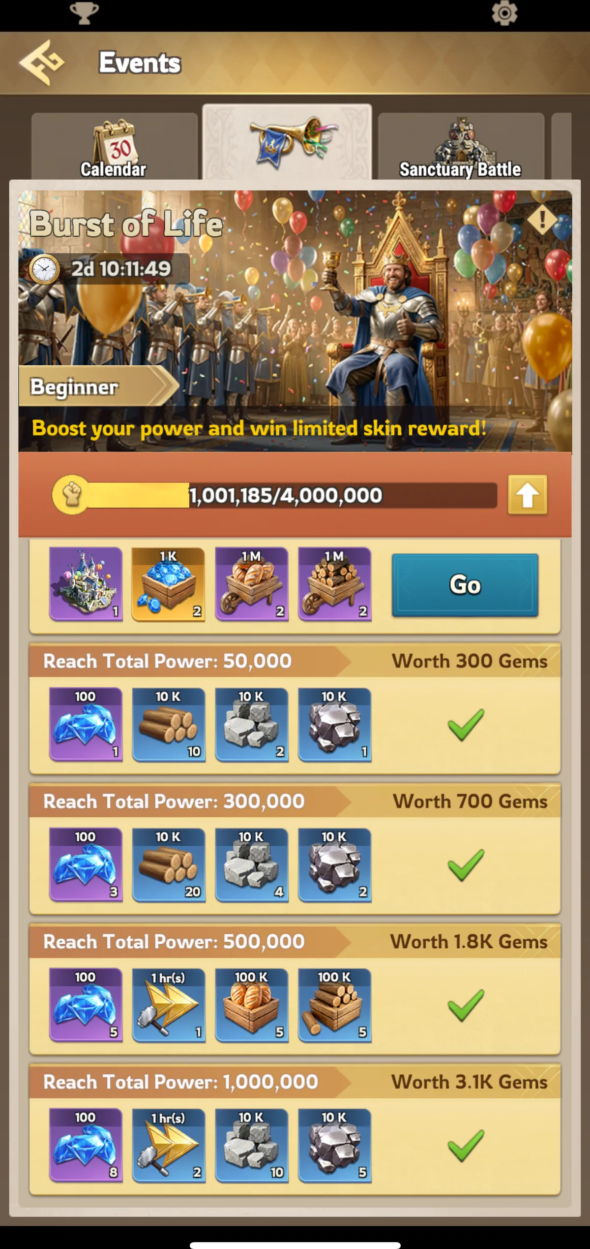 The lower Burst of Life milestones in Lordrush, from 50,000 to 1,000,000 Total Power, already claimed