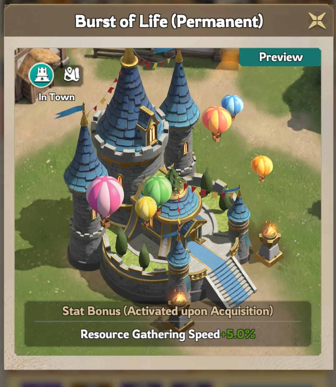 Burst of Life (Permanent) Town Center skin preview in Lordrush, granting +5% resource gathering speed