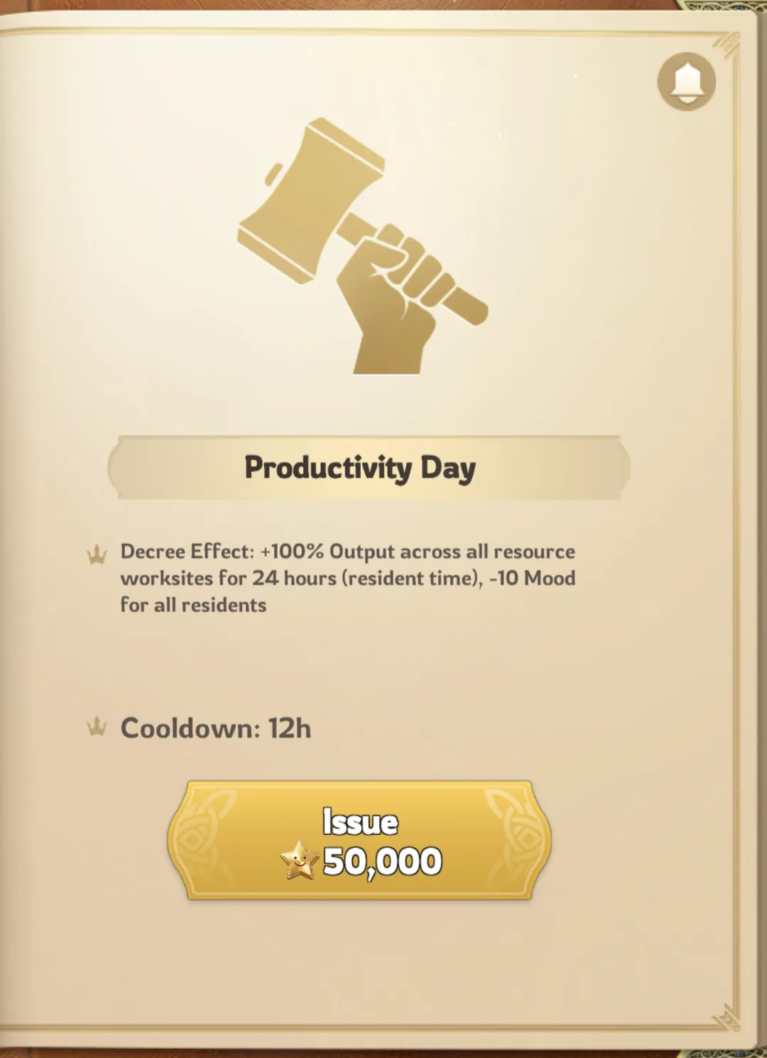 Productivity Day Decree in Lordrush: +100% resource output for 24 hours, -10 Mood, 12-hour cooldown